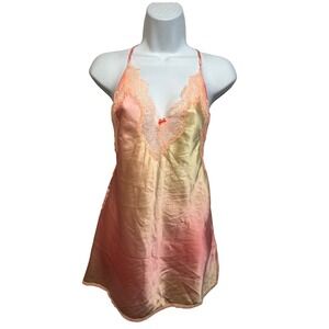 Victorias Secret Sunset Ombre Satin Lace Trim Slip Dress Orange Yellow Small